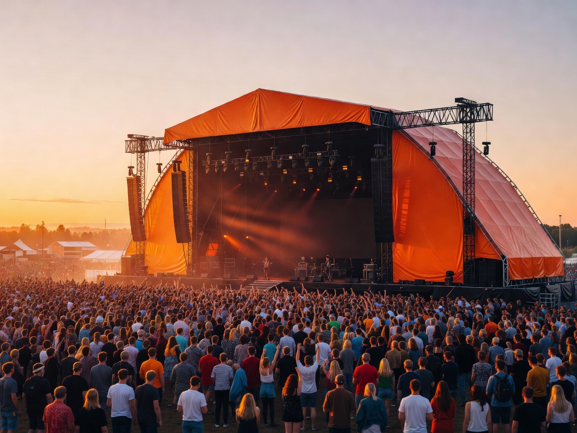 Legendary Roskilde Orange Canopy stage at sunset during Nordic summer festival